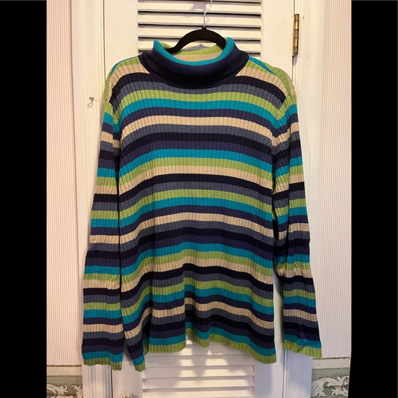 Tan Navy Apple Green Turtleneck Sweater 